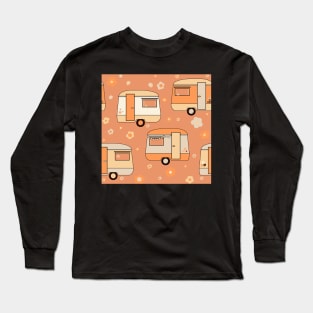 Repeat pattern of cute vintage caravans in retro colours on orange Long Sleeve T-Shirt